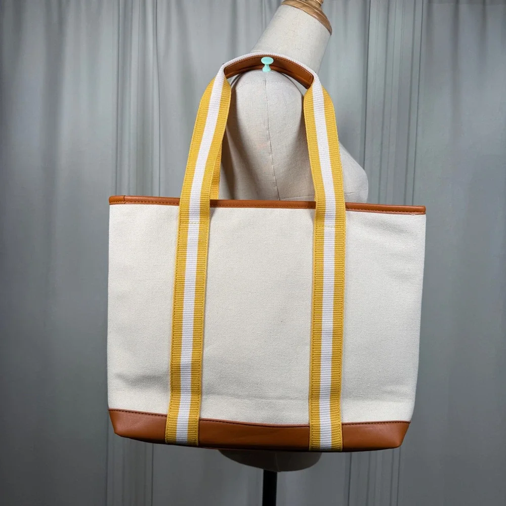 NWOT Striped Canvas XL‎ Tote Bag – Mustard Yellow & Cognac Faux Leather